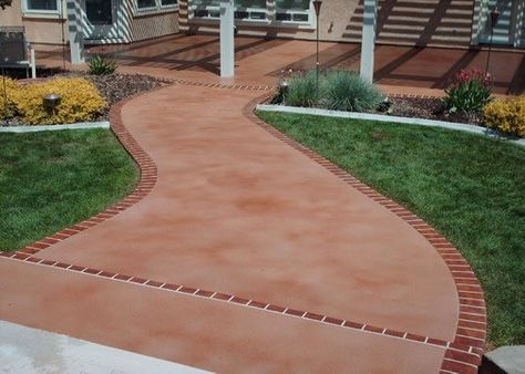 Terra Cotta, Stained Concrete Walkways Engraved Expressions LLC Ontario, OR Paint Concrete Patio, Terracotta Paint, Circular Patio, Outdoor Improvements, Wood Walkway, Concrete Path, Painting Tile Floors, Concrete Walkway, Brick Walkway