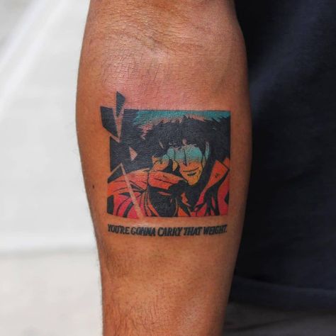 Dark Skin Anime, Tattoo Dark Skin, Tattoos On Dark Skin, Cowboy Bebop Tattoo, Youre Gonna Carry That Weight, Tattoo Dark, Inner Forearm, Anime Tattoo, Time Tattoos