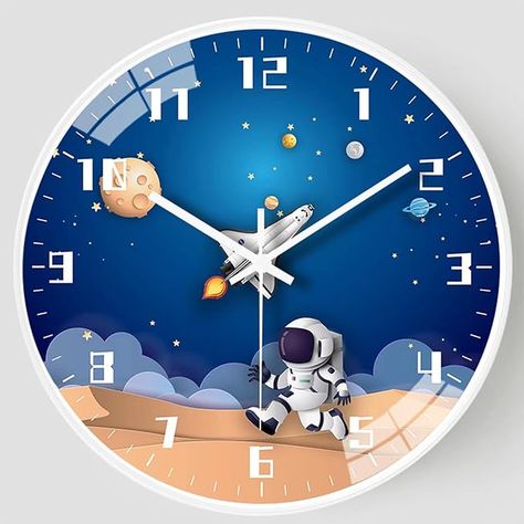 Amazon.com: QINFIEY 12 Inch Silent Movement Kids Wall Clock, Non Ticking Children Round Wall Clock Battery Operated Space Travel Style Decor Children Clock for Home School Boys Bedroom Living Room (White) : Home & Kitchen Astronaut Room For Boys, Chandelier Wall Art, Kids Wall Clock, Tom Et Jerry, Clock Wallpaper, Astronaut Space, Furniture Sofa Set, Wall Art Lighting, Themed Bedroom