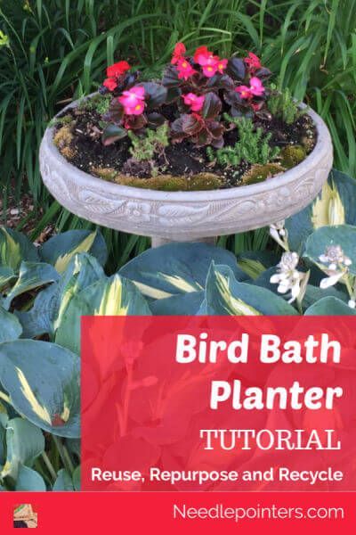 Birdbath Planter - Repurpose an old birdbath into a wonderful planter. Watch this tutorial to learn how. Birdbath Planter Ideas, Birdbath Planter, Dry Riverbed Landscaping, Bird Bath Planter, Recycle Craft Projects, Fun Planters, Patriotic Projects, Bird Bath Garden, New Garden