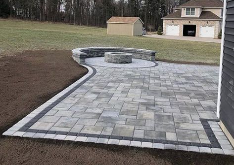 Small Backyard Ideas All Cement, Back Patio Stone Ideas, Backyard Square Patio Ideas, Paver Patio With Fire Pit Layout, U Shaped Patio Ideas, Outdoor Statues Ideas, Up North Dinner Ideas, Backyard Landscaping Pavers Yard Ideas, Paver Patio Ideas Layout Small Backyards