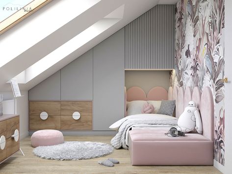 Attic Bedroom Decor, Desk For Girls Room, Small Room Girl, Modern Childrens Room, Interior Design Sketchup, Kids Room Bed, Children's Bedroom Ideas, Bedroom Built In Wardrobe, Attic Bedroom Designs