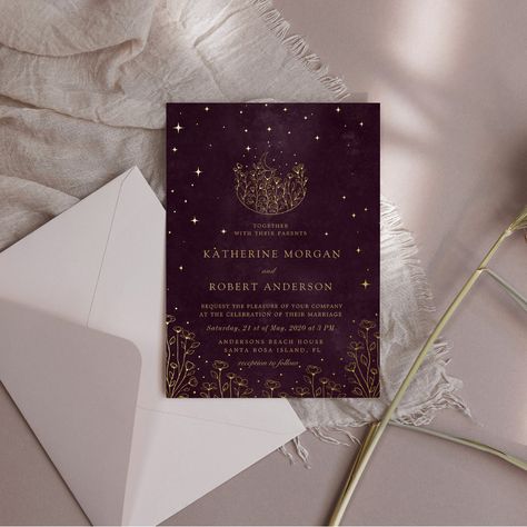 Celestial Burgundy Gold Moon And Stars Wedding Foil Invitation Burgundy Celestial Wedding, Gold Celestial Wedding, Celestial Floral, Celestial Wedding Invitations, Stars Wedding, Burgundy Background, Celestial Wedding, Floral Moon, Foil Wedding Invitations