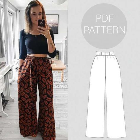 Sewing Pattern – Womens high-waist wide-leg trousers Trouser Pattern, Sewing Projects Clothes, Printable Sewing Patterns, Sew Ins, Diy Vetement, Pants Sewing Pattern, Diy Sewing Clothes, How To Make Clothes, Diy Couture