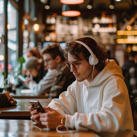 Café Tech Moment: A young man wearing headphones and a white hoodie focuses intently on his smartphone in a bustling café. #café #headphones #smartphone #young #man #aiart #aiphoto #stockcake ⬇️ Download and 📝 Prompt 👉 https://ayr.app/l/3pDS Person Wearing Headphones, Netflix Games, Wearing Headphone, Music For You, Free Music, White Hoodie, Creative Words, Free Stock Photos, Free Photos