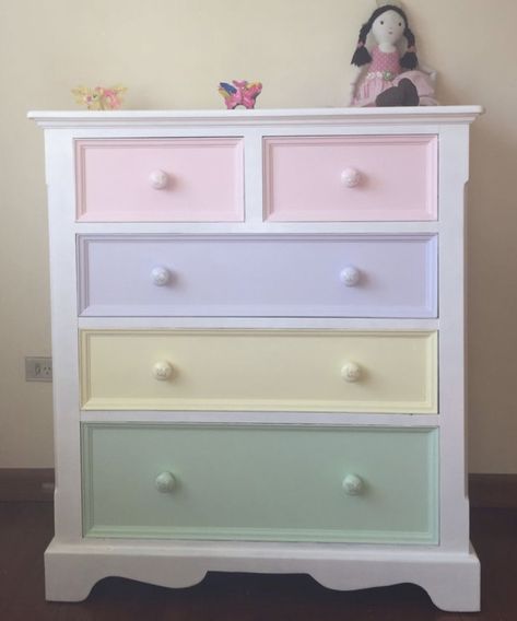 Pastel Room Paint, Pastel Rainbow Bedroom Ideas, Toddler Girl Bedroom Rainbow, Pastel Toddler Girl Room, Rainbow Dresser Diy, Rainbow Drawers, Girls Rainbow Bedroom Ideas, Rainbow Dresser, Pastel Rainbow Bedroom