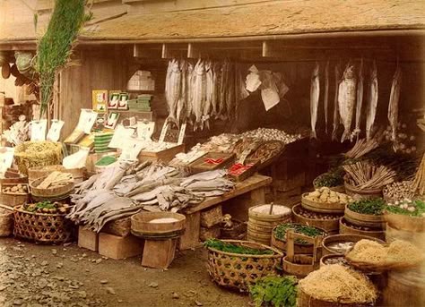 Fish Monger and Vegetable Shop in Early Japan Fish Monger, Old Japan, Vegetable Shop, Meiji Era, Japanese Market, Fish Market, Japan Aesthetic, Japan Photo, Photographic Studio