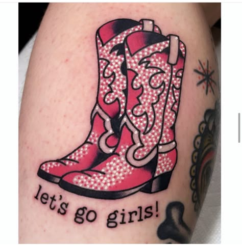 Neo Traditional Western Tattoo, Traditional Cowboy Boots Tattoo, Cowgirl American Traditional Tattoo, Cowboy Boot Tattoo Traditional, Country Theme Tattoos, Pink Pony Club Tattoo, Cowboy Boots Tattoo For Women, Western Traditional Tattoo, Boots Tattoo