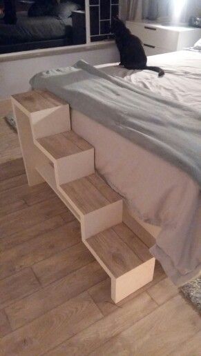 My husband built these steps so that my old,arthritic cat can get on and off my bed. Cat Bed Stairs, Cat Steps For Bed, Cat Ramp For Bed, Cat Stairs For Bed, How To Make Dog Steps For Bed, Diy Bed Steps For High Beds, Diy Stairs For Dogs, Bed Stairs For Dogs, Diy Cat Steps For Bed