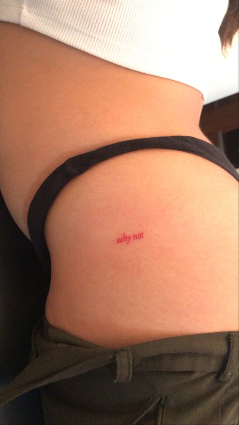 Red Tattoo Ribcage, Red Tattoo On Hip, Red Xo Tattoo, Hot Small Tattoos, Red Cursive Tattoo, Simple Lower Back Tattoos, Red Small Tattoos, Red Fine Line Tattoo, Spicy Tattoo