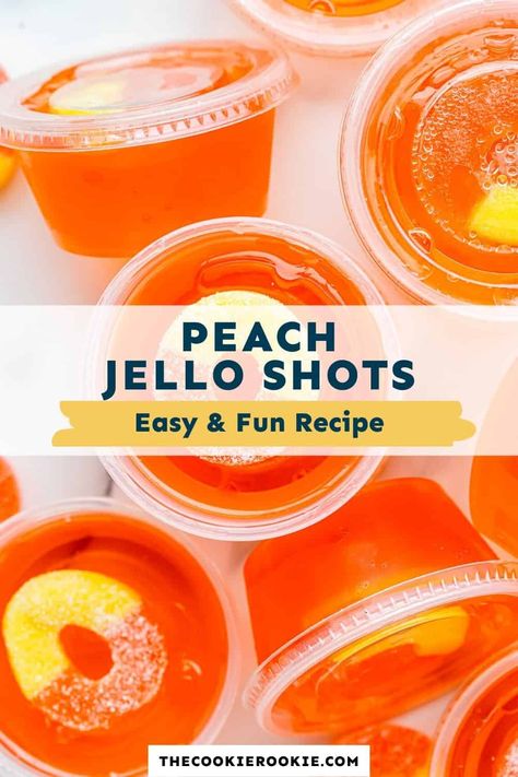 Make a sweet, adult-friendly treat for any occasion with these flavorful Peach Ring Jello Shots. They’re fun to make and even more fun to devour! Peach Ring Dessert, Peach Ring Jello Shots, Peach Jello Shots Recipe, Jello Shots With Vodka, Shots With Vodka, Peach Jello Shots, Peach Rum, Fruity Cocktail Recipes, Jello Shots Recipe