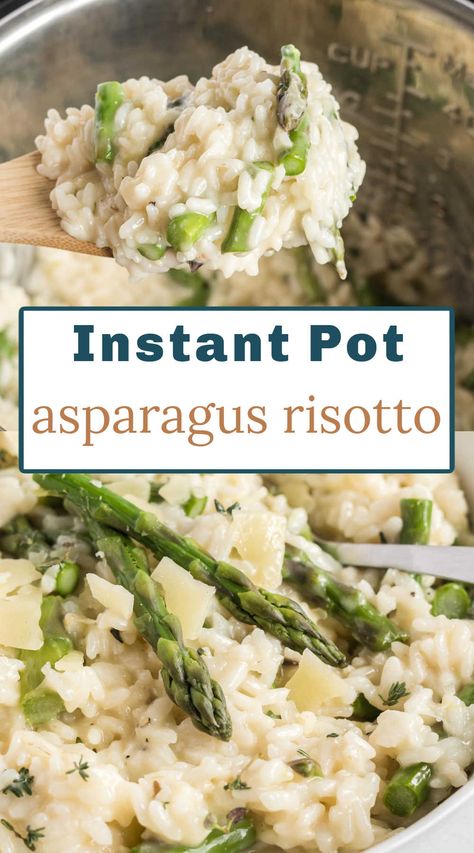 Instant pot risotto with fresh asparagus, herbs and parmesan cheese is quick and easy. Ready in just minutes this risotto makes a great appetizer, main meal or side dish. It is vegetarian and gluten free. Instant Pot Asparagus, Instant Pot Risotto Recipes Easy, Instant Pot Rissoto Recipes, Healthy Asparagus Risotto, Roasted Asparagus Risotto, Quick Risotto, Vegan Asparagus Risotto, Gluten Free Instant Pot Recipes, Instant Pot Pasta Recipe