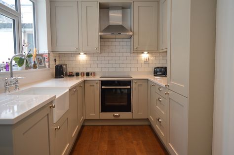 Handpainted Stone shaker kitchen - Traditional - Kitchen - Other - by Interiors 4 Living | Houzz UK Cranbrook Stone Kitchen, Pebble Shaker Kitchen, Shaker Kitchen No Handles, Cream Kitchen Cabinets Wooden Worktop, Terraced House Kitchen, Inframe Shaker Kitchen, Howdens Pebble Kitchen Shaker, Cream Shaker Kitchen, Small U Shaped Kitchen