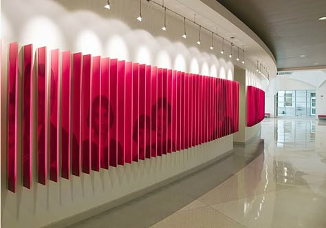 Changeable Graphic Wall Fins | Friday Institute Donor Wall, Curved Wall, Interactive Walls, Environmental Graphic Design, Environmental Design, Environmental Graphics, Exhibition Space, Environment Design, Wall Graphics