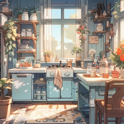 Digital Art Kitchen Background, Cozy Home Drawing, Lofi Aesthetic Kitchen, Interior Background Art, Fantasy Kitchen Art, Cozy Cottage Illustration, Cute Kitchen Drawing, Domestic Life Aesthetic, Kitchen Concept Art