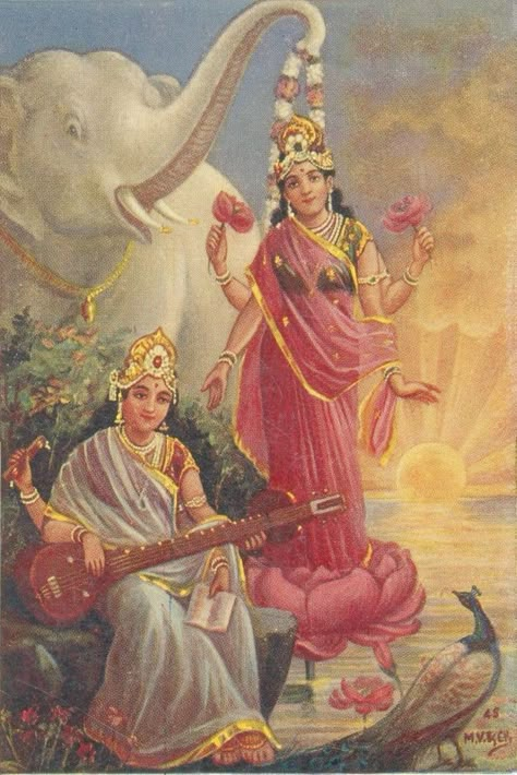 Goddess Laxmi Saraswati India vintage old card, Phoenix print (via ebay: bhagchandluhadia) Saraswati Painting, Hindu Cosmos, साईं बाबा, Goddess Laxmi, Arte Yoga, Saraswati Devi, Collage Mural, Saraswati Goddess, Durga Painting