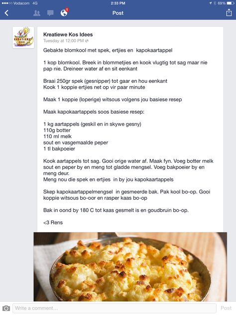 Gebakte kopkool en aartappel gereg Afrikaans Recipes, Quick Foods, Yummy Veggies, African Recipes, South African Recipes, Favourite Food, Family Food, African Food, Vegetable Dishes