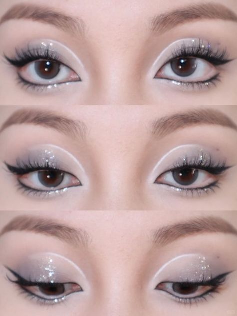 Grey And White Makeup Looks, Makeup Looks White Eyeshadow, White Theme Makeup, Creative Black And White Makeup Looks, Cute White Makeup Looks, White Line Makeup, White Under Eyeliner Makeup, White Eyeshadow Makeup Looks, White Shadow Makeup