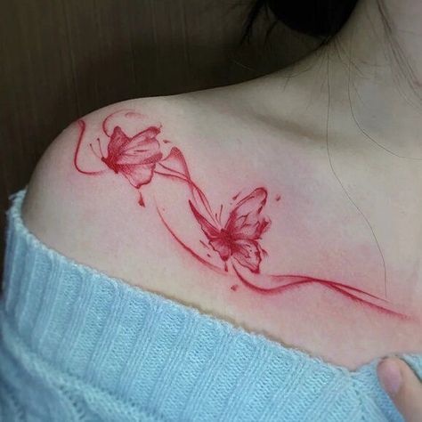 Women's Shoulder Tattoos Ideas, Butterfly Hips Tattoo, Red Collar Bone Tattoos For Women, Red Tattoo On Thigh, Butterfly Red Tattoo, Rib To Thigh Tattoos For Women, Red Shoulder Tattoo, Flowers And Butterfly Tattoo, Red Tattoos Ideas