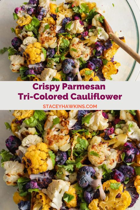 Discover a feast for your senses and a treat for your taste buds! Dive into the rainbow of flavors with Staceys' Crispy Parmesan Tri-Colored Cauliflower! Welcome a healthier lifestyle without compromising on taste. @wowstaceyhawkins Colored Cauliflower, Rainbow Cauliflower, Winter Vegetarian Recipes, Optavia Diet, Cauliflower Side Dish, Gluten Free Recipes Side Dishes, Lean And Green, Gluten Free Sides Dishes, Low Carb Recipe