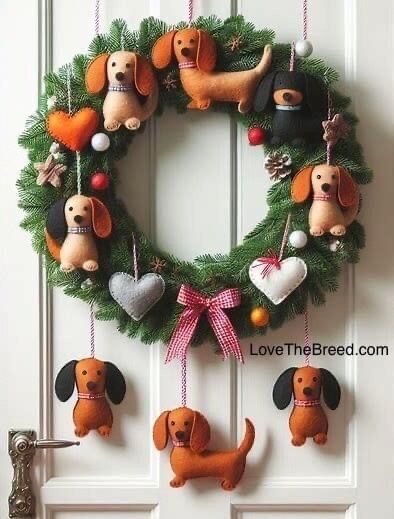 Dog Christmas Wreath, Felt Dog Ornament, Felted Wool Crafts, Felt Christmas Decorations, Dachshund Christmas, Creative Gift Wrapping, Xmas Wreaths, Navidad Christmas, 자수 디자인