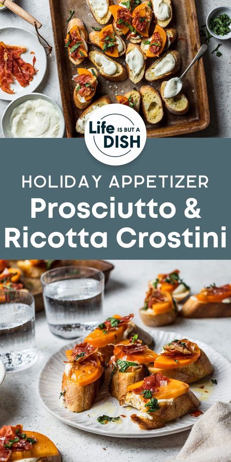 Crunchy bread, creamy whipped ricotta cheese, sweet and tangy persimmons, and crispy prosciutto are the perfect appetizer combination! This holiday appetizer recipe is packed with festive flavors and super easy to make. Serve this ricotta and prosciutto crostini at any party, from Thanksgiving to New Years and beyond! Christmas Appetizers Prosciutto, Proscuitto Appetizers Simple, Persimmon Appetizer, Whipped Ricotta Crostini, Whipped Ricotta Cheese, Crostini Bread, Prosciutto Crostini, Prosciutto Appetizer, Ricotta Crostini