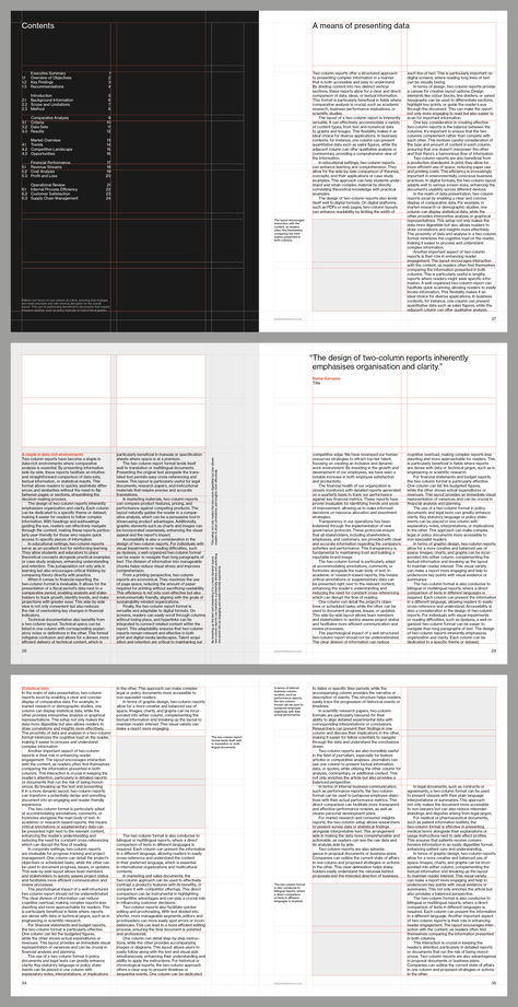 Two column business report grid system and template fore Adobe InDesign Indesign Report Layout, Research Paper Format, Professional Report Design, Three Column Layout Design, Report Editorial Design, Design Document Layout, Indesign Grid, Report Layout Design, Grid Layout Design