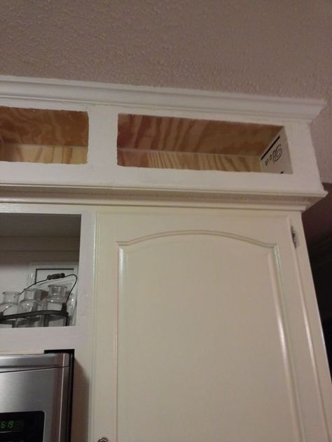 A homeowner wanted to update her kitchen. First she knocks a hole through the cabinets, but then she does THIS! - This transformation is UNBELIEVABLE! I was tired of the outdated look of my soffits, after scouring the web for ideas I came up with these. What To Do With Kitchen Soffits, Shelving Ideas Storage, Soffit Ideas, Kitchen Cabinets To Ceiling, Faux Brick Backsplash, Space Above Kitchen Cabinets, Kitchen Soffit, Cabinets To Ceiling, Builder Grade Kitchen