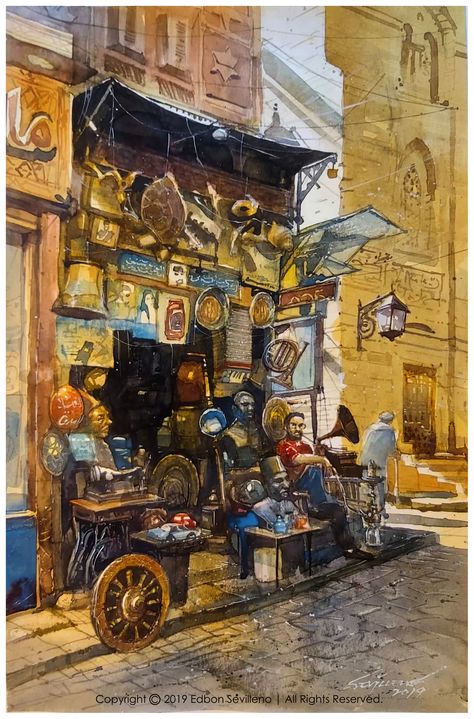 Old Cairo Paintings, Egypt Watercolor, Aldo Luongo, Asia Vacation, Old Cairo, Memories Art, Childhood Memories Art, Composition Painting, Art Alevel