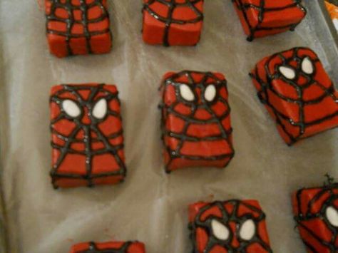 Spider-Man rice crispy treats Marvel Birthday Party, Avenger Birthday Party, 4th Birthday Cakes, Spiderman Birthday Party, Spiderman Party, Avengers Birthday, Mens Birthday Party, Rice Crispy Treats, Superhero Birthday Party