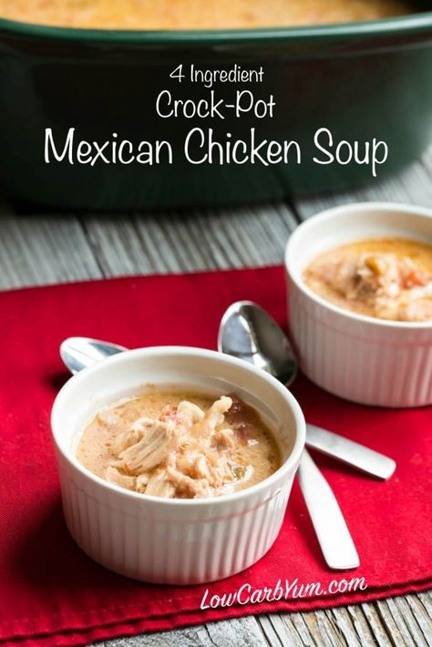 Low carb crock pot Mexican chicken soup  1 1/2 pounds chicken piecesboneless/skinless, I used thigh meat15.5 ounces chunky salsa I used Tostitos15 ounces chicken broth8 ounces Monterey or Pepper Jack cheese cubed small or shredded Low Carb Chicken Soup, Mexican Chicken Soup, Slow Cooker Mexican Chicken, Keto Chicken Soup, Mexican Soup Chicken, Low Carb Soup Recipes, Mexican Chicken Recipes, Mexican Soup, Overnight Oat