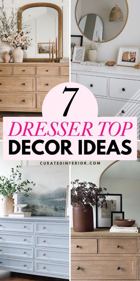 Decorate your dresser top with these 7 simple yet stylish decor ideas! From trays and vases to greenery and artwork, discover easy ways to style your dresser and add personality to your bedroom. Get inspired to refresh your space with these everyday dresser decorating tips. See how to decorate a dresser top step by step. #dresserdecor #dressertop #decorating Statement Bedroom Dresser, Bedrooms Dresser Decor, Master Bed Dresser Decor, Decorative Trays For Bedroom, Organizer For Dresser Top, How To Style A Dresser Top Minimalist, Floating Shelves Over Dresser Bedrooms, Wall With Dresser Decor, Dresser In Hallway Ideas