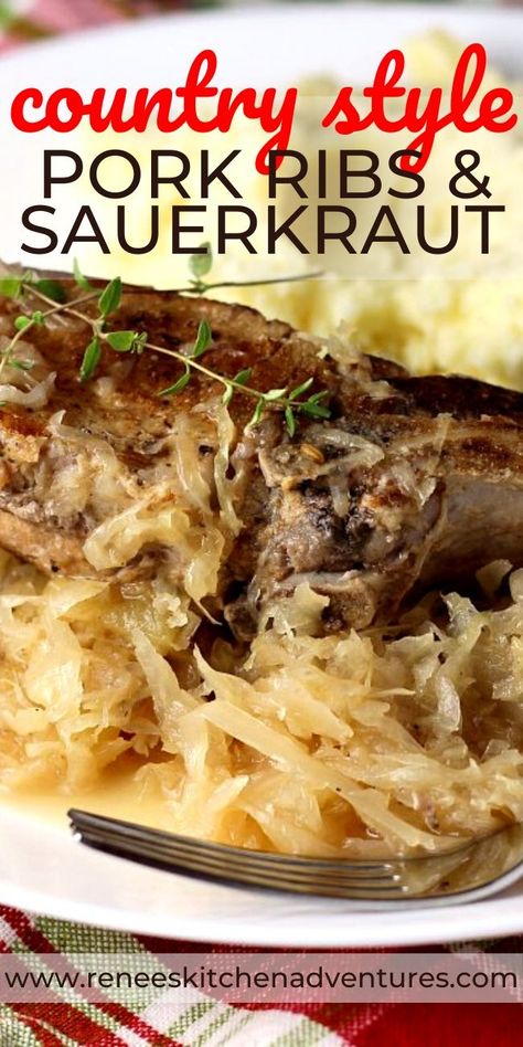 Country Style Ribs with Sauerkraut by Renee's Kitchen Adventures is Country style pork ribs are seasoned, seared, and then slow baked with sauerkraut and apples until they are fork tender for a delicious pork dinner. #porkribs #countrystyleribs #RKArecipes Country Ribs And Sauerkraut, Ribs With Sauerkraut, Ribs And Sauerkraut, Sauerkraut And Apples, Pork Sauerkraut, Country Ribs Recipe, Pork And Sauerkraut Recipe, Pork Roast And Sauerkraut, Pork Chops And Sauerkraut