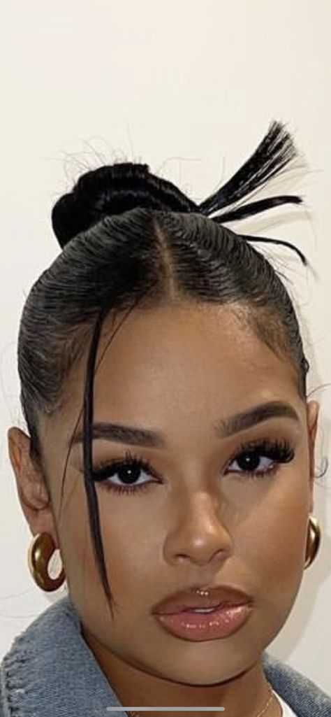 Black Model Hairstyles, Black Sleek Hair, Clean Girl Bun Black Women, Slick Back Bun Big Forehead, Twisted Bun Updo For Black Women, Black Woman Bun Hairstyles, Hair Styles With Chopsticks, Deep Wave Updo Hairstyles, How To Do A Spikey Bun