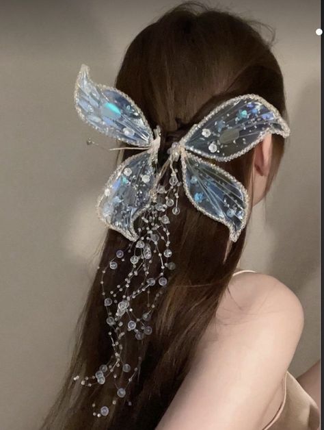 Fall outfit upgrades fairy butterfly sparkle crystal light blue style. Hairstyles With Blue Accessories, Butterfly Themed Accessories, Princess X Knight, Ideas For Quinceanera, Autumn Fae, Hair Accessories Business, Fairy Hair Accessories, Ren Fair Costume, White Spring Wedding