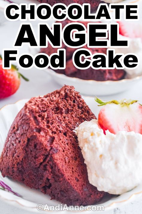 Chocolate angel food cake is served with homemade whipping cream and fresh strawberries for the perfect dessert combination. Homemade Whipping Cream, Chocolate Angel Food Cake, Angel Food Cake Mix Recipes, Motherhood Tips, Cake Recipes Easy Homemade, Mix Recipes, Homemade Whipped Cream, Chocolate Cake Mixes, Whipping Cream