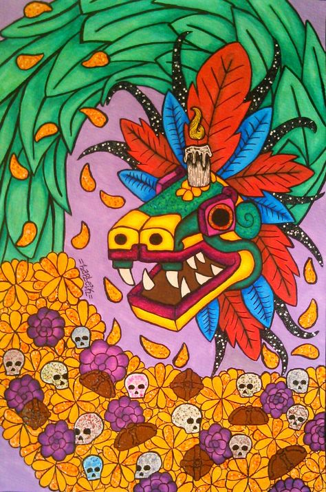 La ofrenda de Quetzalcoatl by KarynaHarleik.deviantart.com on @DeviantArt Mexican Illustration Art, Mexico Painting, Mexican Graphic Design, Hispanic Art, Mexican Paintings, Mexican Culture Art, Mayan Art, Mexico Art, Tinta China