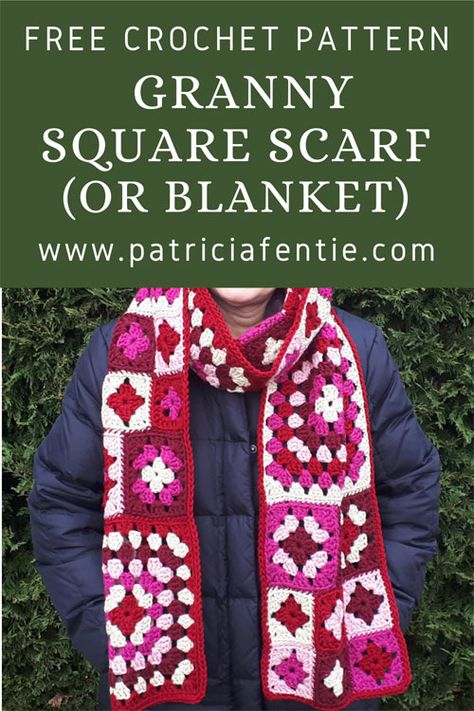 Granny Square Scarf Pattern, Crochet Granny Square Scarf, Granny Square Pattern Free, Granny Square Scarf, Easy Granny Square, Crochet Granny Square Tutorial, Scarf Designs, Granny Square Crochet Patterns Free, Crochet Scarf Pattern Free