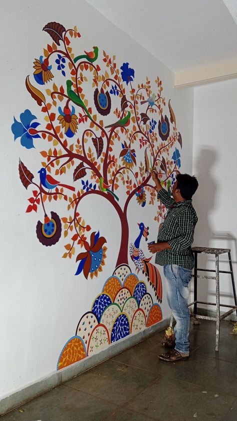 #butcherblock #countertops #homedecor #kitchenrenovation #interiordesign #timelessstyle #diyprojects #woodworking #homeimprovement #kitchendesign Mithila Painting On Wall, Gond Art Wall Mural, Gond Art On Wall, Folk Art On Wall, Madhubani Art On Wall, Gond Painting Folk Art Home Decor, Wall Murals Indian, Indian Wall Mural, Indian Mural Wall Art