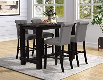 Roundhill Furniture Aneta Antique Black Finished Wood 5-Piece Pub Set, Table with 4 Upholstered Barstools, Gray New Classic Furniture, Pub Set, Primitive Furniture, 5 Piece Dining Set, Counter Height Table, Solid Wood Table, Counter Height Dining Sets, Classic Furniture, Table And Chair Sets