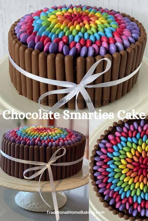 Rainbow Cake Chocolate, Chocolate Sweetie Birthday Cake, Smartie Cake Decoration, Chocolate Celebration Cake Birthdays, Simple Easy Birthday Cakes, Easy 3rd Birthday Cake, Instead Of Birthday Cake Ideas, Smartie Cake Ideas, Smartie Rainbow Cake