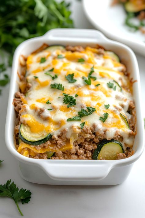 baked zucchini with ground beef Zucchini With Ground Beef, Beef With Zucchini, Seared Cod, Baked Zucchini, Bake Zucchini, Zucchini Squash, Hamburger Recipes, Summer Squash, Creamed Mushrooms