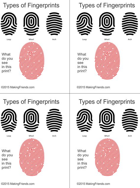 MakingFriends Printable Fingerprint Types for Junior Detective Clue Game Simple illustration helps your Junior detectives learn to read finger prints. Print four cards per page. Detective Badge Printable, Detective Snacks, Fingerprint Types, Detective Files, Detective Crafts, Detective Activity, Spy Camp, Junior Badges, Detective Badge