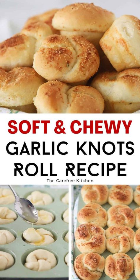 These soft and fluffy Garlic Knots are a delicious alternative to garlic bread and so easy to make from scratch. They’re perfect for holiday meals, weeknight dinners, or even as a snack served with marinara for dipping. #thecarefreekitchen #garlic #rolls #yeast #dough #bread #side #garlicknots #dinner #holidays Easy Garlic Knots, Homemade Garlic Knots, Springtime Recipes, Garlic Knots Recipe, Garlic Rolls, French Toast Muffins, Breakfast Egg Casserole, Homemade White Bread, Yeast Dough