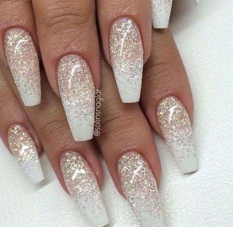 Nails Gel Glitter, Clear Glitter Nails, Champagne Nails, Clear Acrylic Nails, Glitter Nails Acrylic, Formal Nails, Gold Glitter Nails, Ombre Nails Glitter, White Acrylic Nails