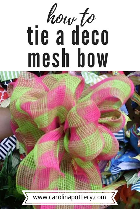 Learn how to tie a deco mesh bow in this diy tutorial video! There are all kinds of uses for deco mesh ribbon, including making many types of wreaths. However it can also be used to make lovely bows for decoration! Visit your local Carolina Pottery store for the largest selection of deco mesh around, or shop online at www.carolinapottery.com! How To Use Decorative Mesh, Mesh Ribbon Bows How To Make, How To Make A Bow Out Of Deco Mesh, Christmas Mesh Bows Diy, How To Use Mesh Ribbon, Deco Mesh Bows Diy How To Make, Deco Mesh Tree Topper, How To Make A Mesh Bow, Christmas Mesh Ideas