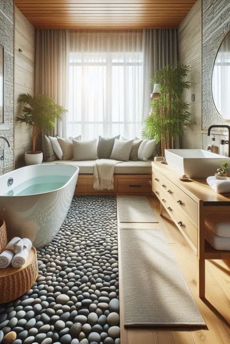 Bring the outdoors in with these natural pebble tiles. Create a spa-like atmosphere right in your own bathroom. #PebbleTiles #SpaInspired Zen Garden Bathroom, Natural Stone Flooring Bathroom, Stone Flooring Bathroom, Shower Floor Ideas, Stone Floor Bathroom, Pebble Tiles, Flooring Bathroom, Room Concept, Zen Bathroom