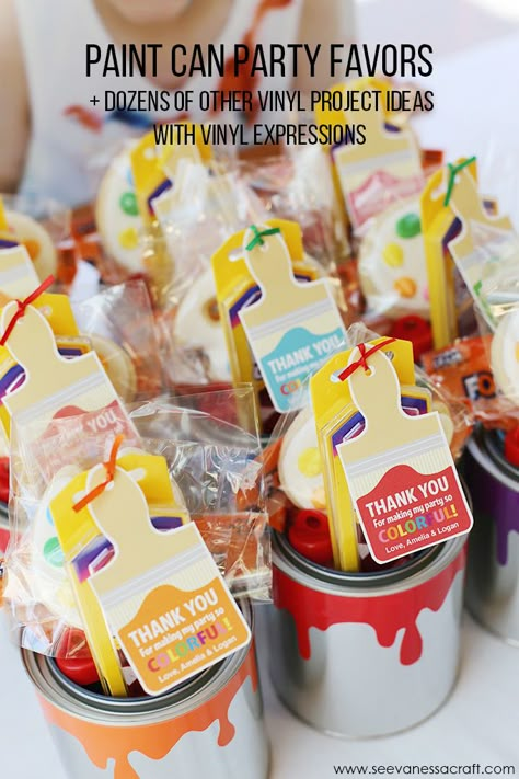 DIY Fun Paint Can Party Favors - perfect for a kid's birthday party, art party, special event & more (made with my Silhouette & vinyl) Kids Art Party, Art Themed Party, Painting Birthday Party, Artist Birthday, Favors Ideas, Painting Birthday, Birthday Art, Art Birthday Party, Diy Event