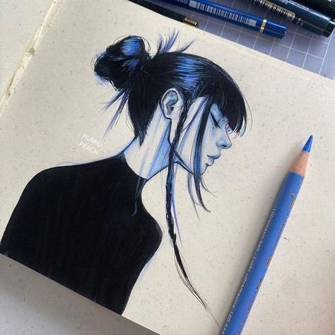 Things To Draw, A Drawing, Pencil Drawing, Blue Hair, To Draw, Acrylic Painting, Pencil, Drawings, Hair