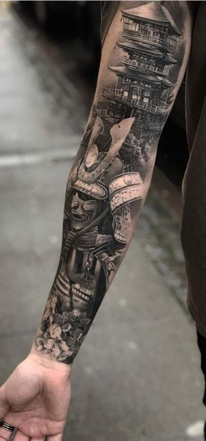 Chinese Sleeve Tattoos, Yakuza Style Tattoo, Japanese Temple Tattoo, Samurai Tattoo Sleeve, Warrior Tattoo Sleeve, Guerriero Samurai, Temple Tattoo, Samurai Tattoo Design, Yakuza Tattoo